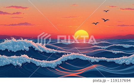 sea wave background with sunset and birds 119137694