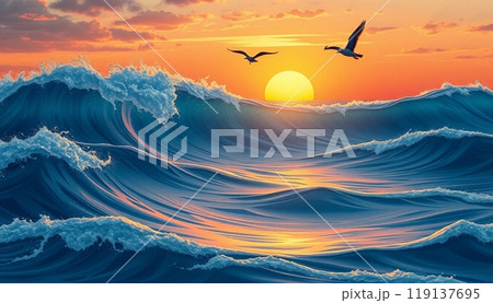 sea wave background with sunset and birds 119137695