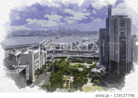 水彩画風　神戸　神戸市役所からポートアイランドを望む　兵庫県神戸市 119137798