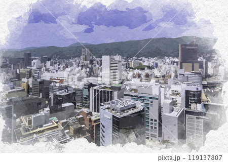 水彩画風　神戸　神戸市役所から三宮駅方面を望む　兵庫県神戸市 119137807