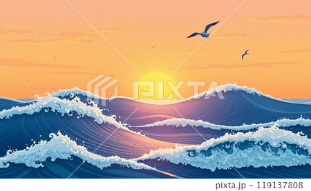 sea wave background with sunset and birds sea wave background with sunset and birds 119137808