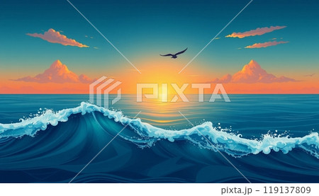 sea wave background with sunset and birds 119137809