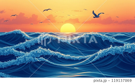 sea wave background with sunset and birds 119137869