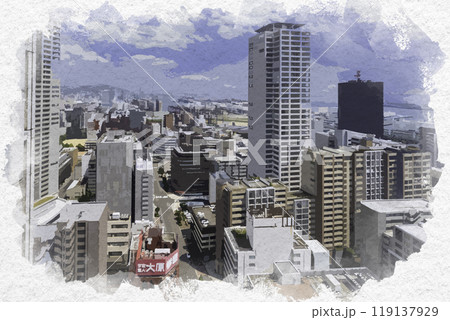 水彩画風 神戸 神戸市役所から灘区方面を望む 兵庫県神戸市 水彩画風 神戸 神戸市役所から灘区方面を望む 兵庫県神戸市 119137929