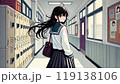 学校の廊下を振り返る黒髪ロングヘアーの女子学生「AI生成画像」 119138106