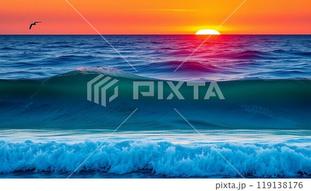 sea wave background with sunset and birds 119138176