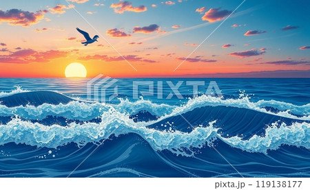 sea wave background with sunset and birds 119138177