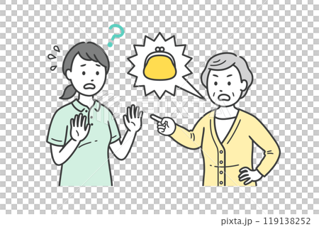 上半身插圖顯示了一位憤怒的老婦人妄想她的錢包被偷了,以及一位困惑的看護婦女 上半身插圖顯示了一位憤怒的老婦人妄想她的錢包被偷了,以及一位困惑的看護婦女 119138252