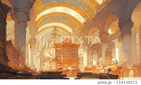壮麗な大聖堂図書館でくつろぐ読書のひととき - 水彩画風背景 壮麗な大聖堂図書館でくつろぐ読書のひととき - 水彩画風背景 119138572
