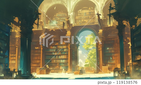 壮大なアーチの下に広がる幻想的な図書館 - 自然光と書棚のコントラスト 壮大なアーチの下に広がる幻想的な図書館 - 自然光と書棚のコントラスト 119138576