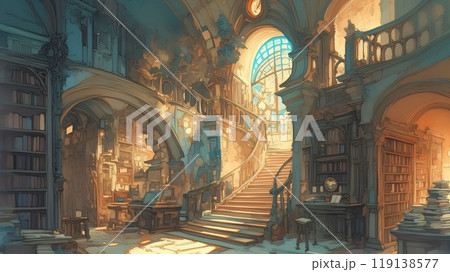 光が差し込む螺旋階段のある荘厳な古書館 - 水彩画風背景 光が差し込む螺旋階段のある荘厳な古書館 - 水彩画風背景 119138577