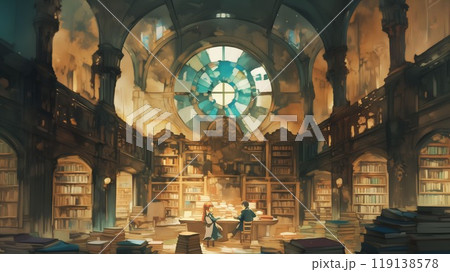 ステンドグラスの光が照らす大図書館での研究 - ファンタジー風水彩画背景 ステンドグラスの光が照らす大図書館での研究 - ファンタジー風水彩画背景 119138578