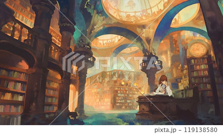 幻想的な大図書館で読書にふける少女 - ファンタジー風水彩画背景の