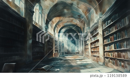 静寂に包まれた古書の並ぶ大聖堂風図書館 - 水彩画風背景 静寂に包まれた古書の並ぶ大聖堂風図書館 - 水彩画風背景 119138589