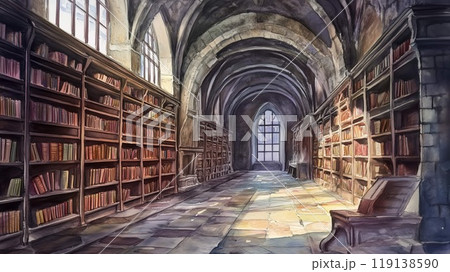 歴史を感じる石造りの図書館アーチ - ファンタジー風水彩画背景 119138590