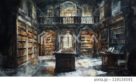重厚な雰囲気漂う古書に囲まれた荘厳な図書室 - ファンタジー風水彩画背景 重厚な雰囲気漂う古書に囲まれた荘厳な図書室 - ファンタジー風水彩画背景 119138591