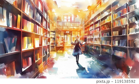 光に包まれた図書館で本を選ぶ女性 - カラフルな水彩風ファンタジーイラスト 光に包まれた図書館で本を選ぶ女性 - カラフルな水彩風ファンタジーイラスト 119138592