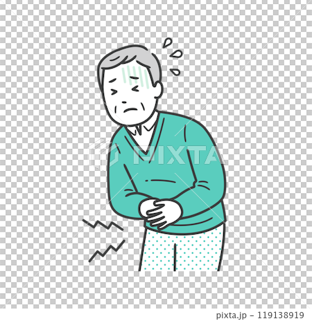 Illustration of an elderly man suffering from abdominal pain and holding his stomach 119138919