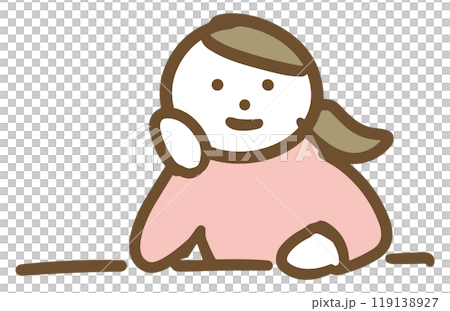 一位身著休閒裝的年輕女子，手托著下巴放鬆地躺著（上半身）。 119138927