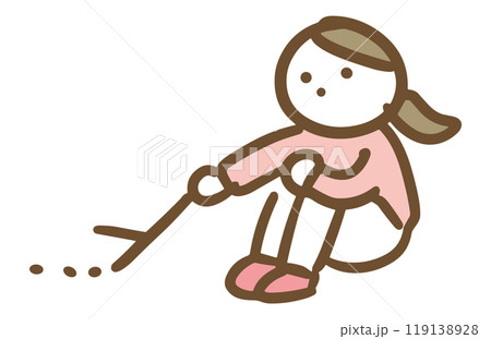 つまらなそうに地面をいじっている私服の若い女性(全身) 119138928