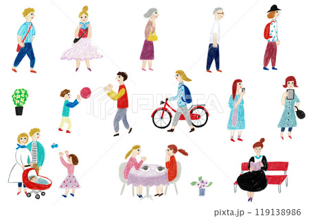 手描きイラスト 人々 いろいろな年代の老若男女のセット 手描きイラスト 人々 いろいろな年代の老若男女のセット 119138986