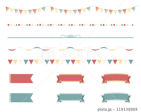 レトロなカラーのガーランド、ライン、リボンのイラストセット 119138989