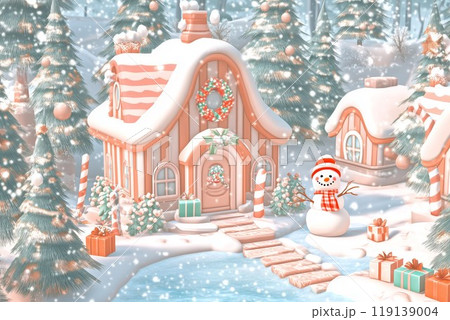 A charming gingerbread house covered in snow sits in a festive winter scene, surrounded by snow-dusted trees, presents, and a smiling snowman wearing a red scarf. 119139004
