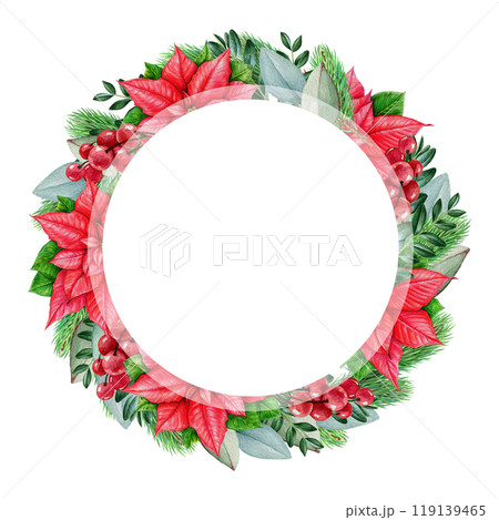Christmas round floral frame decor. Vintage style illustration. Winter season bright decoration from pine, eucalyptus, poinsettia flower, red berries. Winter festive elegant frame isolated 119139465