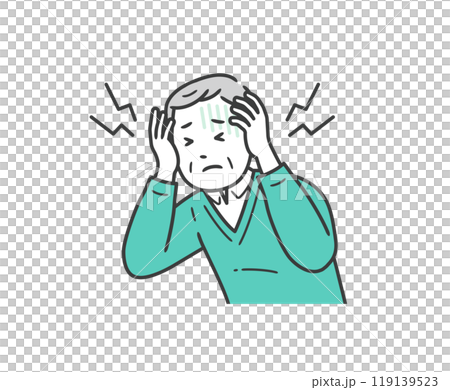 Illustration of an elderly man suffering from a headache and holding his head Illustration of an elderly man suffering from a headache and holding his head 119139523