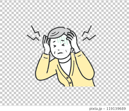 Illustration of an elderly woman suffering from a headache and holding her head Illustration of an elderly woman suffering from a headache and holding her head 119139689