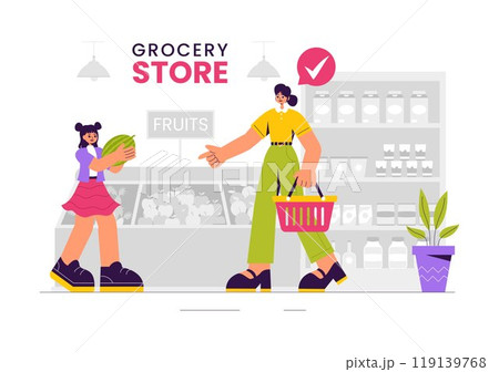 Vector Illustration of a Grocery Store Shelf Stocked with Assorted Food Items and Products for Daily Shopping Needs in a Flat style Background 119139768