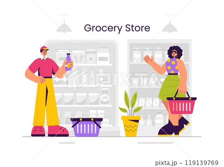 Vector Illustration of a Grocery Store Shelf Stocked with Assorted Food Items and Products for Daily Shopping Needs in a Flat style Background 119139769