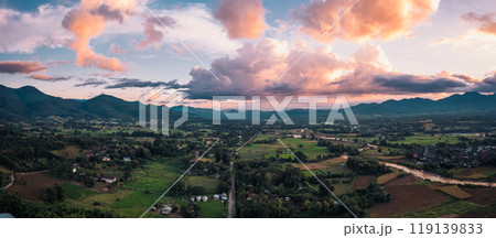 Aerial view of Pai,High angle view of Pai in the evening Aerial view of Pai,High angle view of Pai in the evening 119139833