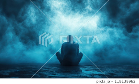 Solitary figure sitting in a dark misty environment surrounded by a moody atmospheric sky 119139962