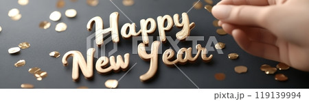 Stylish Modern Happy New Year Gold Glitter Banner with Handwritten Text 119139994