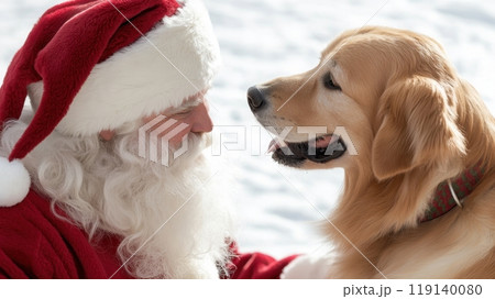 Festively Dressed Golden Retriever Posing with Santa Claus 119140080