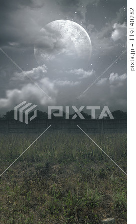 Full moon is shining in the sky above a field of tall grass. Sky is dark and cloudy. Scene is scary and mysterious Full moon is shining in the sky above a field of tall grass. Sky is dark and cloudy. Scene is scary and mysterious 119140282