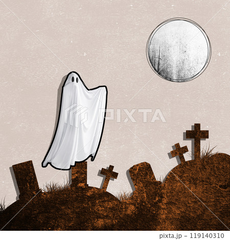 White ghost haunt the graveyard. The ghost is transparent. Full moon in the background. Scene is scary and creepy 119140310