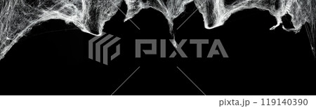 Frame of spooky creepy cobweb spider web on black background. The scene is somewhat scary and mysterious. Mockup. Copy Space 119140390