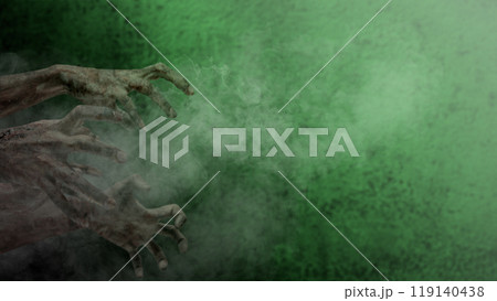 Group of zombie hands with bloody wound shown with green wall background. Hand appearing to be devil, evil, satan, or monster hands 119140438