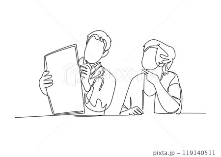 Single one line drawing of male doctor giving consultation session to female patient while reading medical record. Hospital health care concept. Continuous line draw design graphic vector illustration 119140511