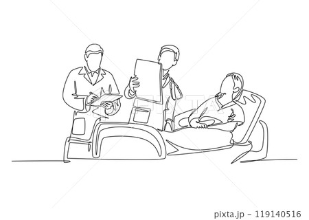 Continuous one line drawing male doctor showing positive health progress report to female patient who laying at bed. Medical care treatment concept. Single line draw design vector graphic illustration 119140516