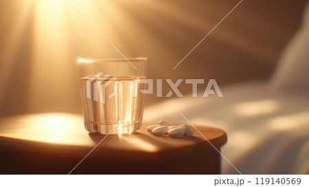 Sunlit Bedside Table with Pills and Glass Wellness and Healthcare Concept Sunlit Bedside Table with Pills and Glass Wellness and Healthcare Concept 119140569