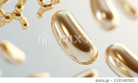 Close up of Metallic Birth Control Capsules with Hormone Molecules 119140585