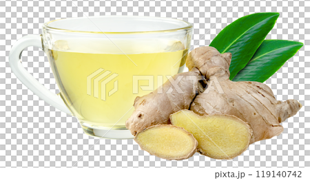 ginger tea in glass cup and leaves isolated ginger tea in glass cup and leaves isolated 119140742