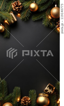 Festive Christmas Background with Pine Branches and Golden Ornaments 119140773