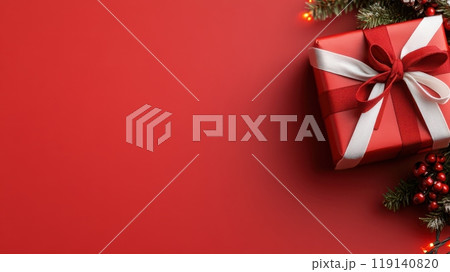 Festive Christmas Gift Box with Evergreen Branches and Holiday 119140820