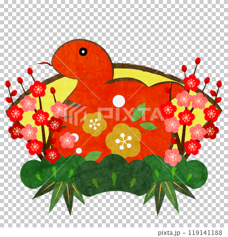 巳年年賀状アイコン、赤蛇、イラスト、かわいい、扇、松竹梅 119141188