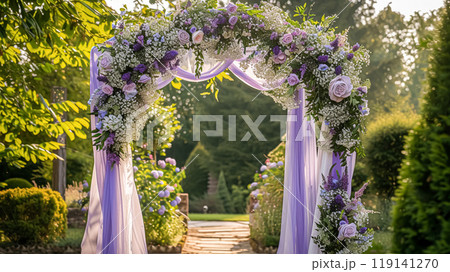 Wedding Ceremony Decorated with Lavender Flowers in the garden. Holiday concept Wedding Ceremony Decorated with Lavender Flowers in the garden. Holiday concept 119141270