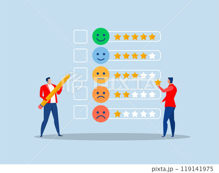 Businessman holding star and checking to put on best rating 5 stars rating review high quality and good feedback or credit score, evaluation rank concept vector illustrator. Businessman holding star and checking to put on best rating 5 stars rating review high quality and good feedback or credit score, evaluation rank concept vector illustrator. 119141975